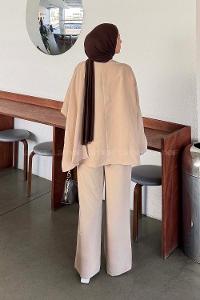 Beige Scarf Neck Long Arm Modal Regular Trousers Comfortable Suit