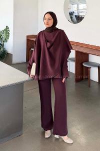 Plum Scarf Neck Long Arm Modal Regular Trousers Comfortable Suit