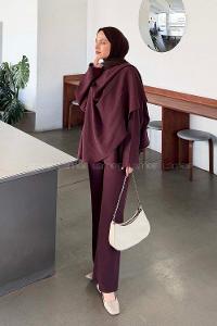 Plum Scarf Neck Long Arm Modal Regular Trousers Comfortable Suit