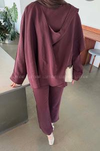 Plum Scarf Neck Long Arm Modal Regular Trousers Comfortable Suit
