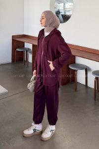 Lamelif Kapüşonlu Kanguru Cep İkili Takım Bordo