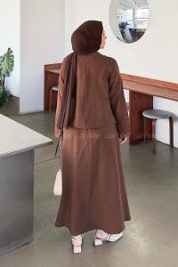 Bitter Brown Crew Neck Long Arm Linen Flared Skirt Suit