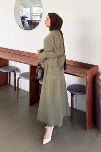 Khaki Crew Neck Long Arm Linen Flared Skirt Suit