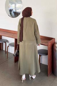 Khaki Crew Neck Long Arm Linen Flared Skirt Suit