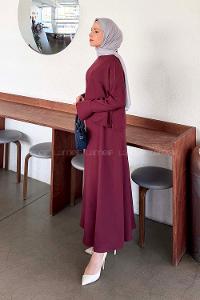 Plum Crew Neck Long Arm Linen Flared Skirt Suit