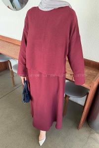 Plum Crew Neck Long Arm Linen Flared Skirt Suit