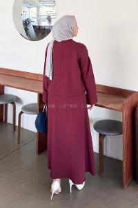 Plum Crew Neck Long Arm Linen Flared Skirt Suit
