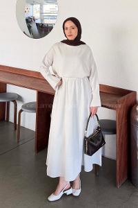 Stone Crew Neck Long Arm Linen Flared Skirt Suit