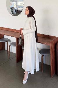 Stone Crew Neck Long Arm Linen Flared Skirt Suit