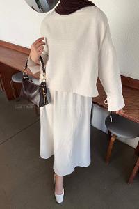 Stone Crew Neck Long Arm Linen Flared Skirt Suit