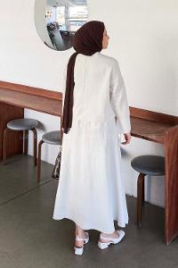 Stone Crew Neck Long Arm Linen Flared Skirt Suit