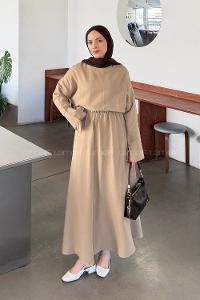 Mink Crew Neck Long Arm Linen Flared Skirt Suit