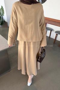 Mink Crew Neck Long Arm Linen Flared Skirt Suit