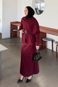 Lamelif Şal Detaylı Kemerli Takım Bordo