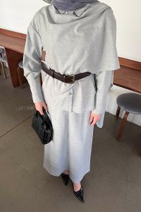 Lamelif Şal Detaylı Kemerli Takım Gri