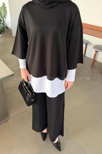 Black Crew Neck Long Arm Cotton Regular Trousers Comfortable Suit