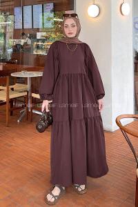 Lamelif Balon Kol Katlı Tesettür Elbise Mürdüm