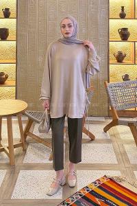 Beige Crew Neck Viscose Fabric Unprinted Tunic