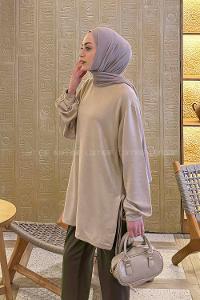 Beige Crew Neck Viscose Fabric Unprinted Tunic