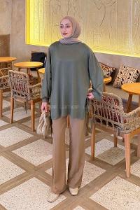 Khaki Crew Neck Viscose Fabric Unprinted Tunic