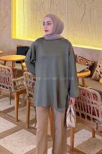 Khaki Crew Neck Viscose Fabric Unprinted Tunic