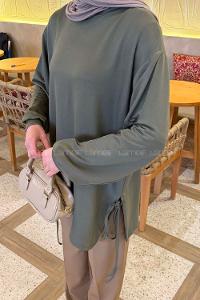 Khaki Crew Neck Viscose Fabric Unprinted Tunic