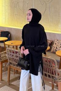 Black Crew Neck Viscose Fabric Unprinted Tunic