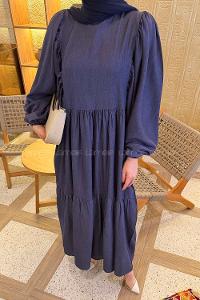 Denim Blue Crew Neck Cotton Printed Dresess