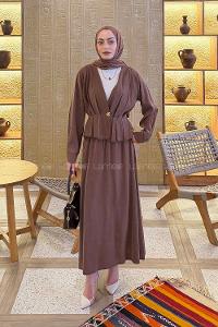 Lamelif Ceket Düğme Detaylı Etekli Takım Kahve