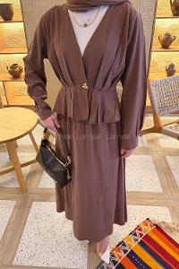 Lamelif Ceket Düğme Detaylı Etekli Takım Kahve