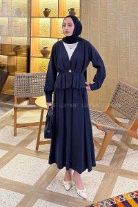 Lamelif Ceket Düğme Detaylı Etekli Takım Lacivert