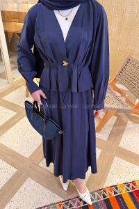 Lamelif Ceket Düğme Detaylı Etekli Takım Lacivert