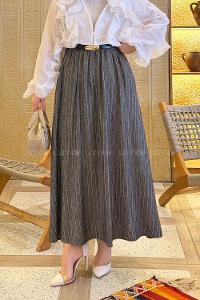 Lamelif Çizgili Tesettür Etek Antrasit