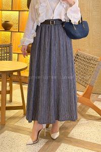 Denim Blue Linen Unprinted Flared Skirt Skirt