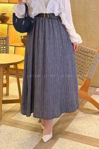 Denim Blue Linen Unprinted Flared Skirt Skirt