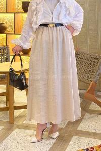 Lamelif Çizgili Tesettür Etek Krem