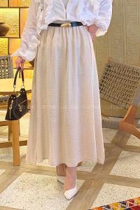 Lamelif Çizgili Tesettür Etek Krem