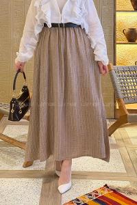 Lamelif Çizgili Tesettür Etek Vizonrengi