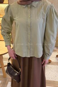 Lamelif Dantel Dikişli Gömlek Çağla Yeşili