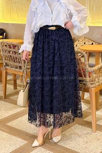 Lamelif Floklu Etek Lacivert