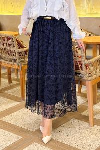 Lamelif Floklu Etek Lacivert