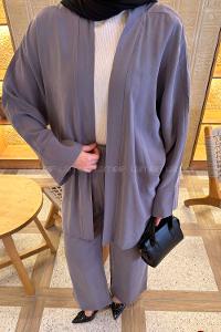 Lamelif Geniş Manşet Detaylı Pantolonlu Takım Gri