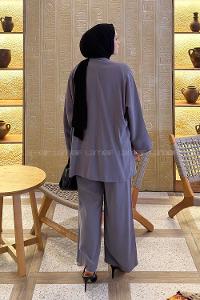 Lamelif Geniş Manşet Detaylı Pantolonlu Takım Gri