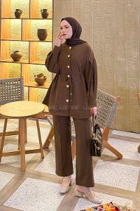 Lamelif Gold Düğme Detaylı Pantolonlu Takım Açık Kahverengi