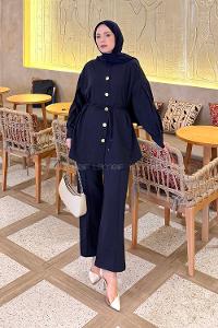 Lamelif Gold Düğme Detaylı Pantolonlu Takım Açık Lacivert