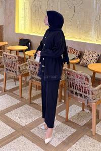 Lamelif Gold Düğme Detaylı Pantolonlu Takım Açık Lacivert