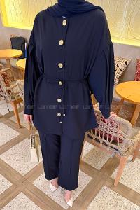 Lamelif Gold Düğme Detaylı Pantolonlu Takım Açık Lacivert