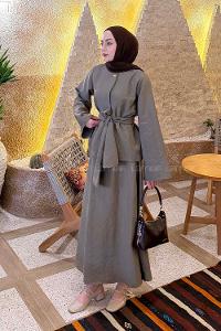 Lamelif Gold Düğmeli Etekli Takım Vizonrengi