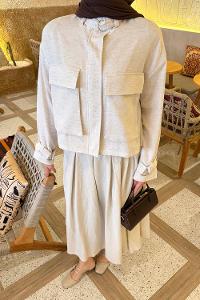 Stone Mandarin Collar Long Arm Linen Straight Skirt Suit