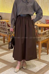 Lamelif Kemerli Poplin Etek Koyu Kahverengi